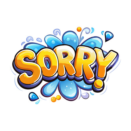 Playful, shiny gold bubble text 'SORRY!' surrounded by blue water drops and small orange spheresのイラスト素材