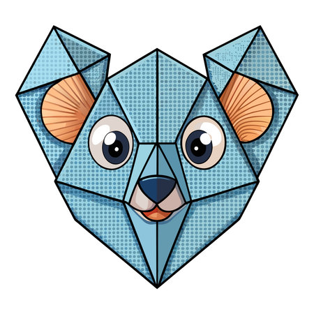 Geometric blue bear head illustration with halftone texture, large eyes, and textured orange inner earsのイラスト素材
