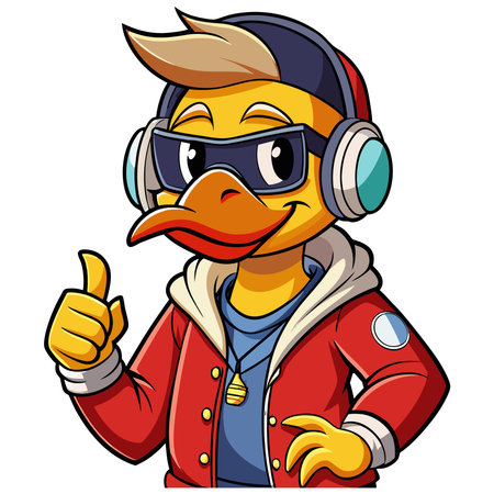 Hip cartoon duck with blonde hair, red jacket, sunglasses, and headphones gives a cheerful thumbs upのイラスト素材
