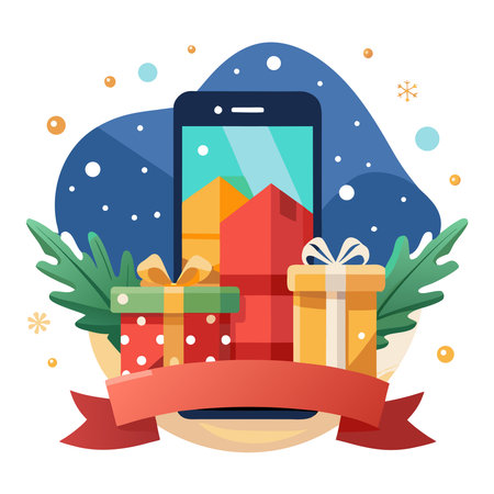 A smartphone displaying colorful boxes, surrounded by wrapped gifts, fir leaves, and snowflakes. Online holiday shoppingのイラスト素材