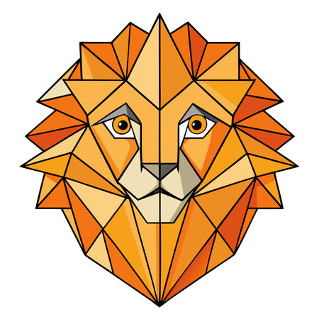 Geometric lion head illustration with angular shapes and a vibrant orange, yellow, and grey paletteのイラスト素材