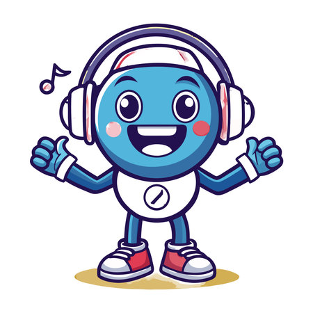 Cheerful blue cartoon character with headphones giving thumbs-up, enjoying music with a happy smileのイラスト素材