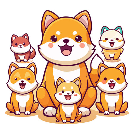 A smiling orange Shiba Inu adult dog sits surrounded by five happy, diverse colored Shiba Inu puppiesのイラスト素材