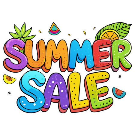 Colorful, bubbly "SUMMER SALE" text with tropical fruit slices and leaves on a white backgroundのイラスト素材