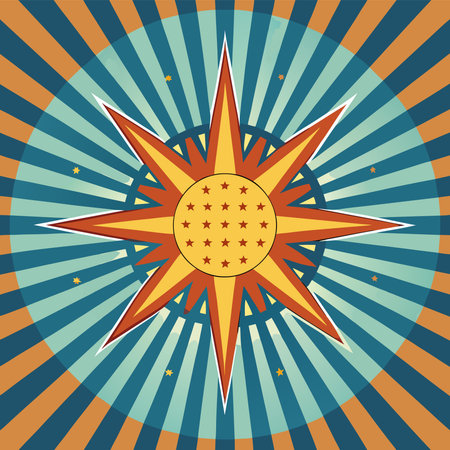 Vibrant retro starburst with a center of small stars against a background of radiating blue and orange stripesのイラスト素材