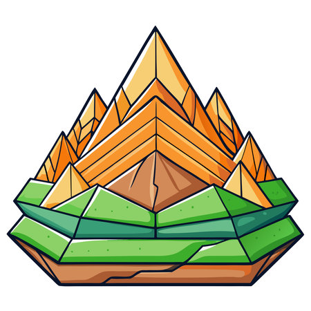 Cartoon geometric mountain range with layered green foothills and sharp orange peaks on an isolated brown baseのイラスト素材