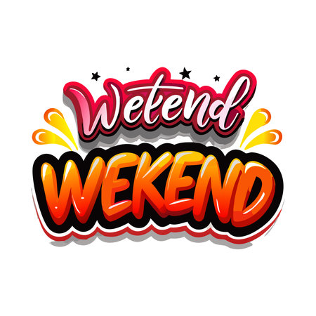 Vibrant, bubbly, graffiti-style 'Weekend' text in red, orange, and pink hues with black outline, starsのイラスト素材