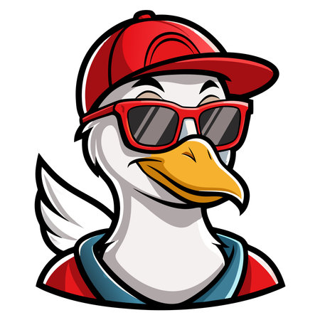 Cartoon white duck character in a red baseball cap and sunglasses, exuding a cool, confident vibeのイラスト素材