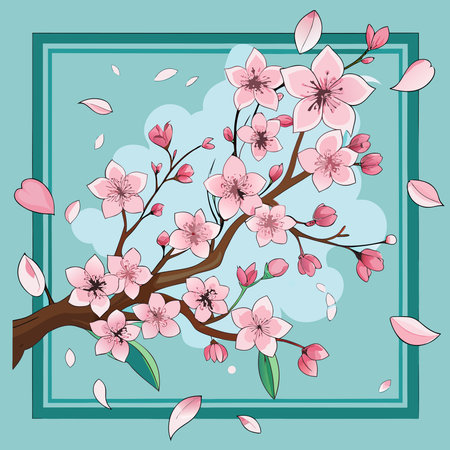 Vibrant pink cherry blossoms on a branch, with falling petals, set against a blue sky within a teal frameのイラスト素材
