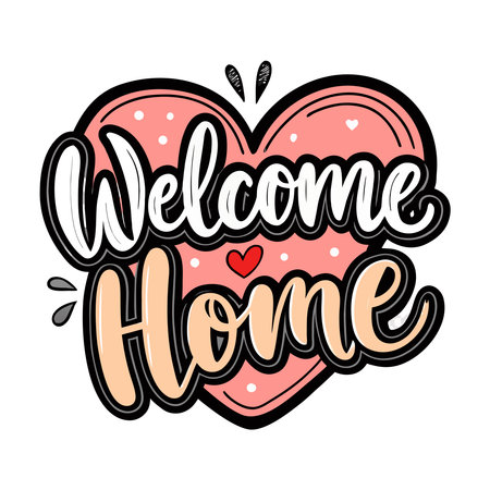 Decorative "Welcome Home" lettering in white and beige with black outline, inside a pink heart with polka dotsのイラスト素材