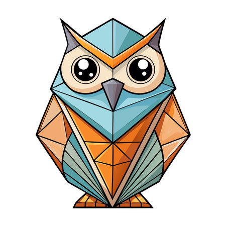 Vibrant geometric owl illustration, featuring blue and orange facets and large, expressive eyesのイラスト素材