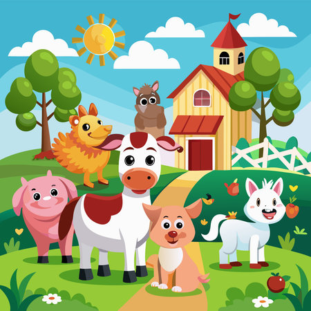 Vibrant cartoon farm scene with smiling domestic animals, barn, trees, sun, and green fieldsのイラスト素材