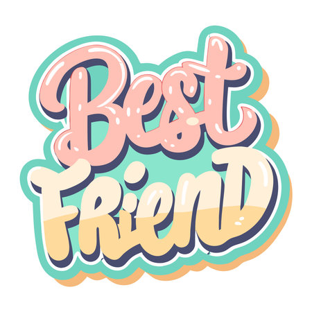 Stylized "Best Friend" text in bubbly, retro-pastel colors with thick outlines and drop shadows, on whiteのイラスト素材