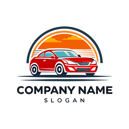 Sleek red two-door car graphic, driving into a vibrant orange and yellow sunset/sunrise arc with horizon linesのイラスト素材