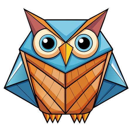 Abstract geometric owl in blue and orange hues, facing forward with big round eyes, modern polygonal styleのイラスト素材