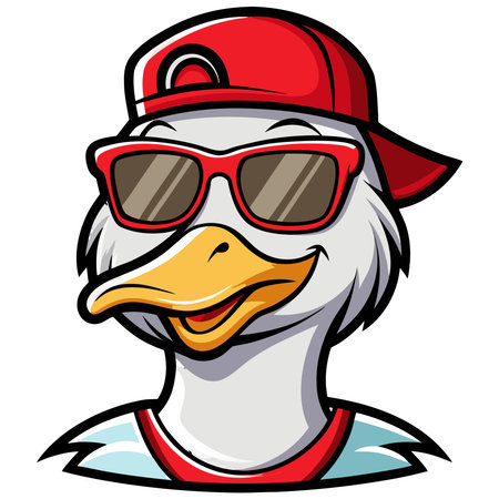 A cool cartoon duck wears red sunglasses and a backward baseball cap, smiling with a playful vibeのイラスト素材