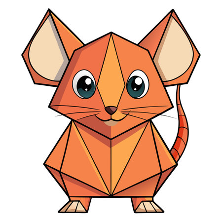An adorable, orange, polygonal mouse illustration, featuring big blue eyes and a playful, folded paper lookのイラスト素材