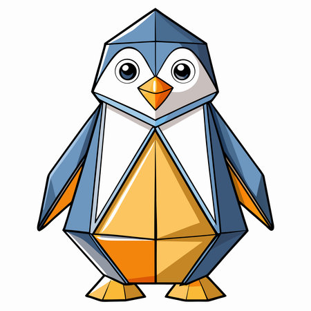 Charming blue and white polygonal penguin illustration with orange accents, standing on a pure white backgroundのイラスト素材