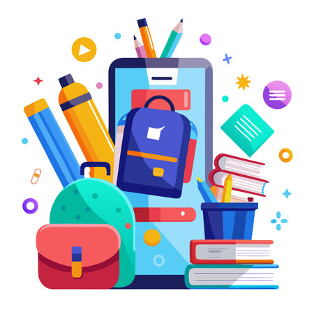 Digital illustration e-learning phone with stacked books, various backpacks, and colorful stationery itemsのイラスト素材