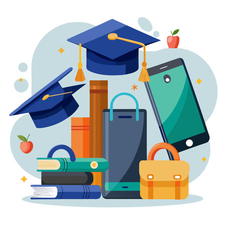A vibrant vector illustration of educational items books, graduation caps, a smartphone, and a small bagのイラスト素材