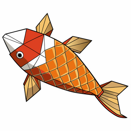 Orange and white origami fish with geometric facets, an eye, and a distinct scaled body patternのイラスト素材
