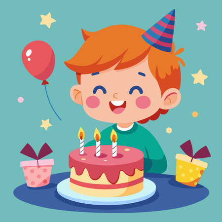 A cheerful cartoon boy with a party hat smiles at a birthday cake with lit candles, gifts, and a balloonのイラスト素材