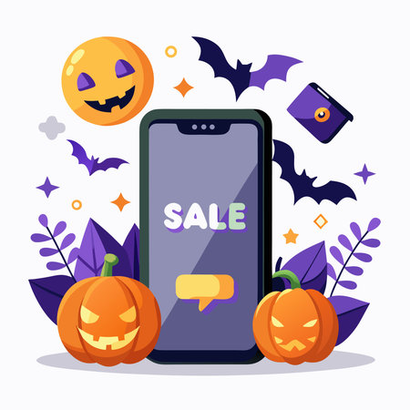 Digital sale for Halloween with a smartphone showing 'SALE' surrounded by grinning pumpkins, bats, and a moonのイラスト素材