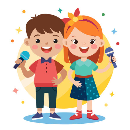 Cartoon boy and girl joyfully sing into microphones, surrounded by colorful stars and confettiのイラスト素材