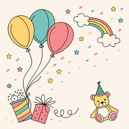 Festive hand-drawn illustration with pastel balloons, presents, a rainbow, confetti, and a bear in a party hatのイラスト素材