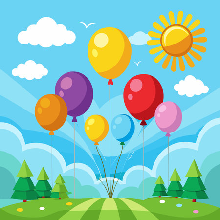 Colorful balloons float upwards in a vibrant cartoon landscape with green hills, fluffy clouds, and a bright sunのイラスト素材