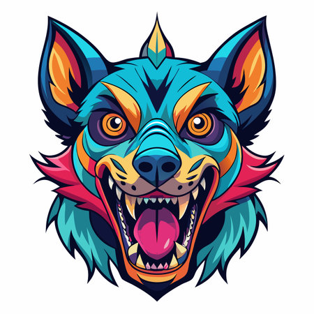 Vibrant, cartoonish animal head with bared teeth and wild eyes, featuring intense teal, orange, and pink colorsのイラスト素材