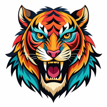 Bold, roaring tiger head portrait in a dynamic pop art style, featuring striking multi-colored stripes and fierce eyesのイラスト素材
