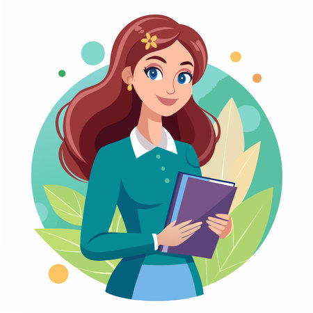 Illustration of a friendly woman with red hair, flower, holding books, against a green botanical backgroundのイラスト素材