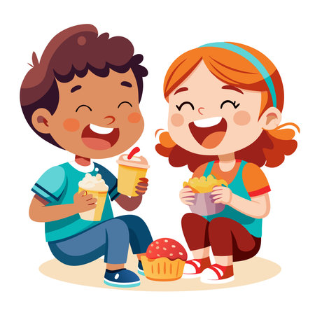 Two happy diverse kids, a boy and a girl, laughing while enjoying milkshakes and cupcakes togetherのイラスト素材