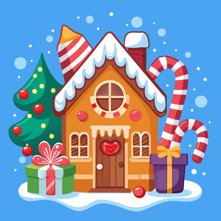 A whimsical gingerbread house in a snowy, festive scene with a decorated Christmas tree, gifts, and candyのイラスト素材