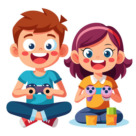 A happy cartoon boy and girl sit, smiling, playing video games together with controllersのイラスト素材