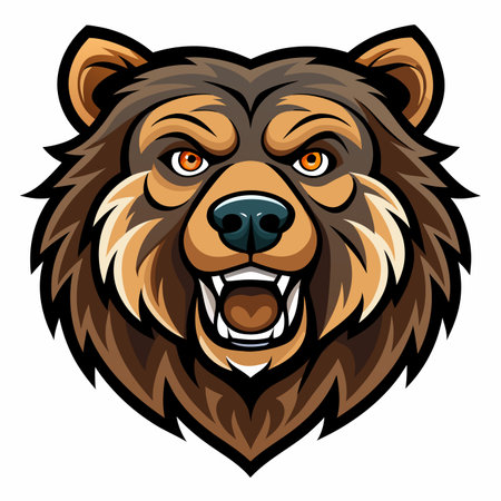 Aggressive brown bear mascot head with bared teeth and orange eyes, depicted in a fierce cartoon styleのイラスト素材