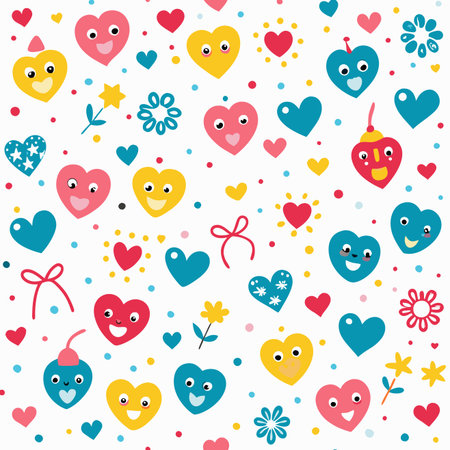 Playful seamless pattern with smiling red, pink, yellow, and blue hearts, tiny flowers, and colorful dotsのイラスト素材