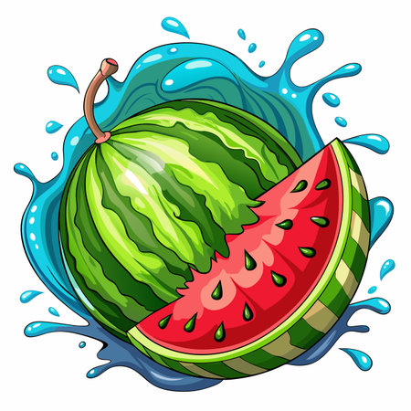 Cartoon whole and sliced watermelon with vibrant red flesh and green rind, surrounded by blue water splashesのイラスト素材