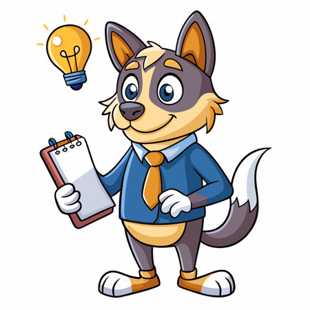 Cartoon canine in a suit holds a clipboard, a glowing lightbulb idea sparking above its headのイラスト素材