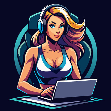 Blonde woman with headphones wearing a sports top, typing on a laptop, in a dark digital spaceのイラスト素材