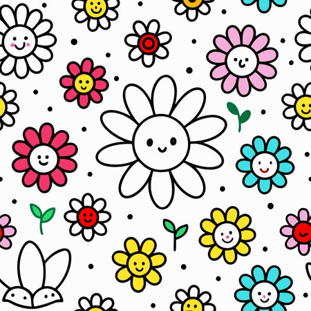 Seamless pattern of cute smiling cartoon flowers in various colors and outlines, with dots and leavesのイラスト素材