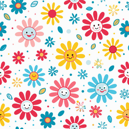 A cheerful, seamless pattern of cartoon flowers in red, pink, yellow, and blue, many with happy facesのイラスト素材