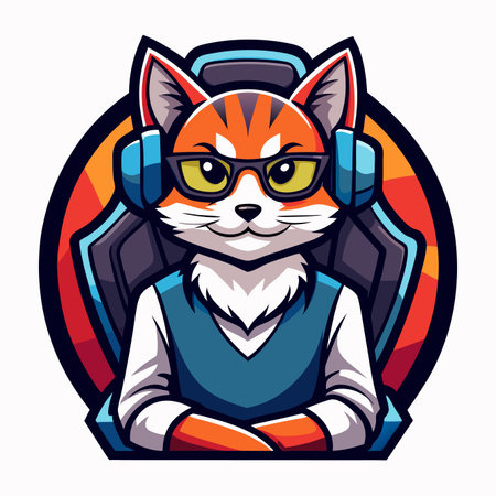 A stylized orange cat, wearing glasses and blue headphones, sits in a gaming chair against a radial backdropのイラスト素材
