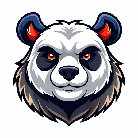 Stylized panda headshot with fierce orange eyes, white and black fur. Intense, powerful, modern animal mascotのイラスト素材