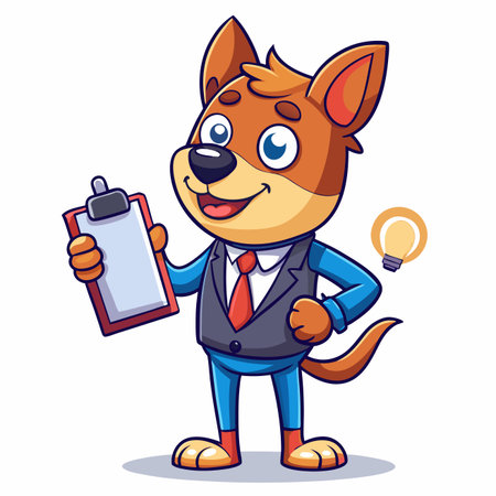 A friendly cartoon dog in a business suit holds a clipboard, smiling with an idea lightbulb beside itのイラスト素材
