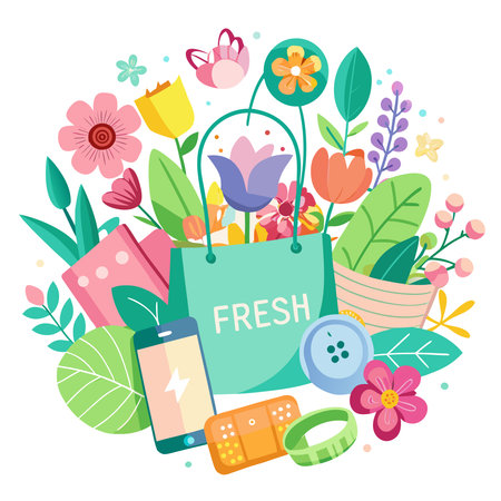 Springtime illustration of a 'FRESH' shopping bag, abundant flowers, leaves, phone, and small itemsのイラスト素材