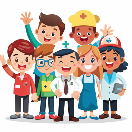 Smiling, diverse cartoon children in various professional uniforms wave, depicting career aspirationsのイラスト素材