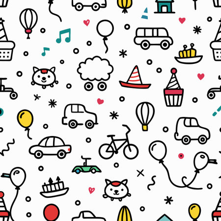 Seamless pattern of colorful cartoon icons cars, balloons, cakes, hats, animals, music notes on white. Playfulのイラスト素材