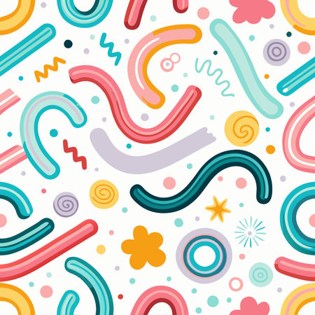 Vibrant seamless pattern featuring playful abstract squiggles, tubes, dots, and swirls on a white backgroundのイラスト素材